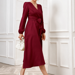 Women’s Elegant V-Neck Tie-Waist Wrap Dress