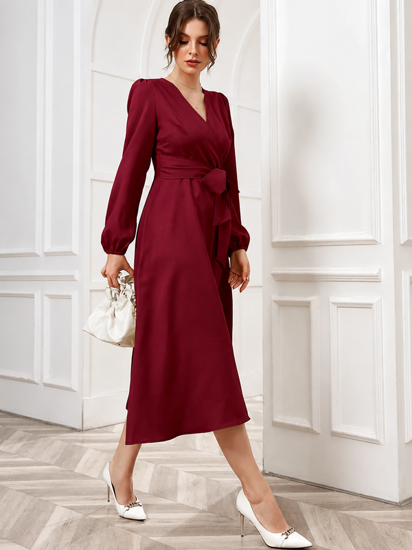 Women’s Elegant V-Neck Tie-Waist Wrap Dress