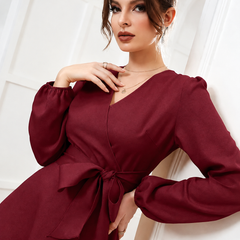 Women’s Elegant V-Neck Tie-Waist Wrap Dress