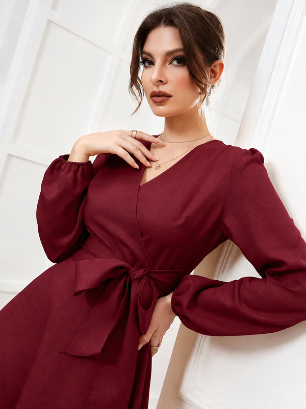 Women’s Elegant V-Neck Tie-Waist Wrap Dress