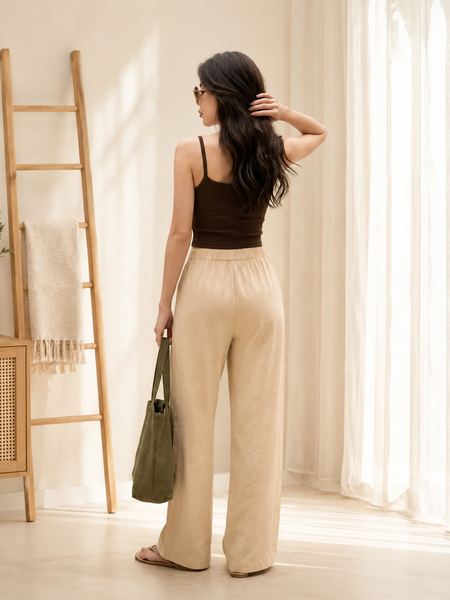 Istyle Can Women's Cotton Linen Wide-Leg Trousers - Elastic Waist, 2 Pockets