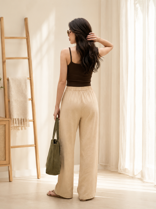 Istyle Can Women's Cotton Linen Wide-Leg Trousers - Elastic Waist, 2 Pockets