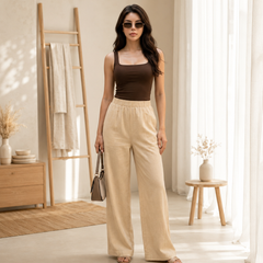 Istyle Can Women's Cotton Linen Wide-Leg Trousers - Elastic Waist, 2 Pockets