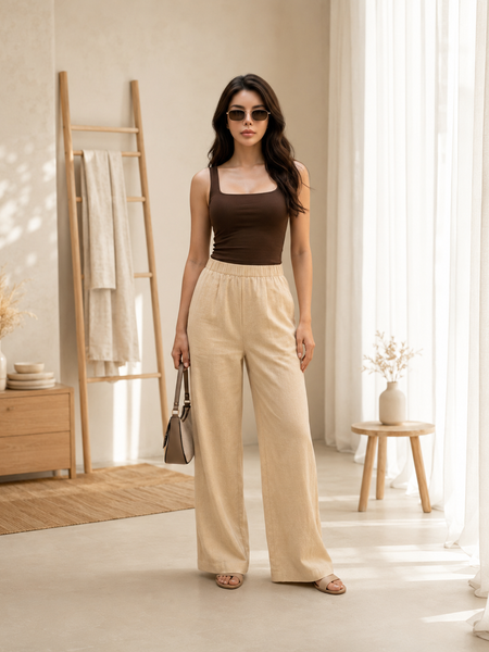 Istyle Can Women's Cotton Linen Wide-Leg Trousers - Elastic Waist, 2 Pockets