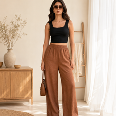 Istyle Can Women's Cotton Linen Wide-Leg Trousers - Elastic Waist, 2 Pockets