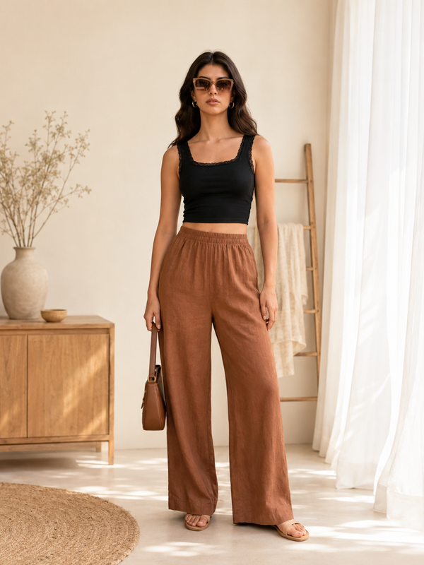 Istyle Can Women's Cotton Linen Wide-Leg Trousers - Elastic Waist, 2 Pockets