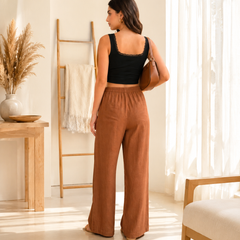Istyle Can Women's Cotton Linen Wide-Leg Trousers - Elastic Waist, 2 Pockets