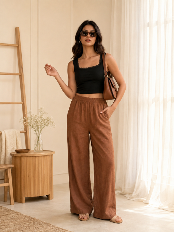 Istyle Can Women's Cotton Linen Wide-Leg Trousers - Elastic Waist, 2 Pockets