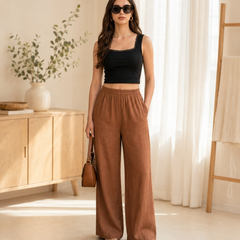 Istyle Can Women's Cotton Linen Wide-Leg Trousers - Elastic Waist, 2 Pockets
