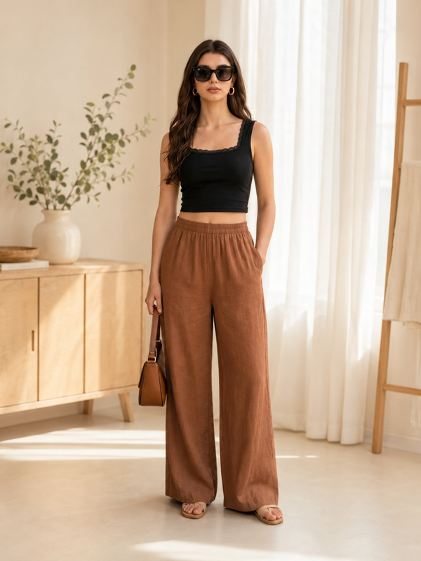Istyle Can Women's Cotton Linen Wide-Leg Trousers - Elastic Waist, 2 Pockets