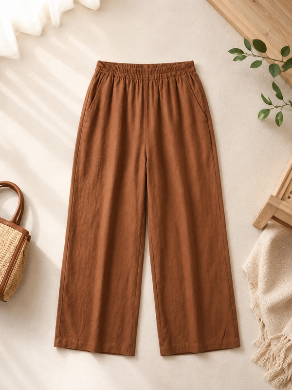 Istyle Can Women's Cotton Linen Wide-Leg Trousers - Elastic Waist, 2 Pockets