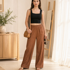 Istyle Can Women's Cotton Linen Wide-Leg Trousers - Elastic Waist, 2 Pockets