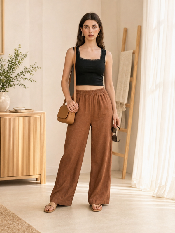 Istyle Can Women's Cotton Linen Wide-Leg Trousers - Elastic Waist, 2 Pockets