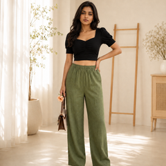 Istyle Can Women's Cotton Linen Wide-Leg Trousers - Elastic Waist, 2 Pockets