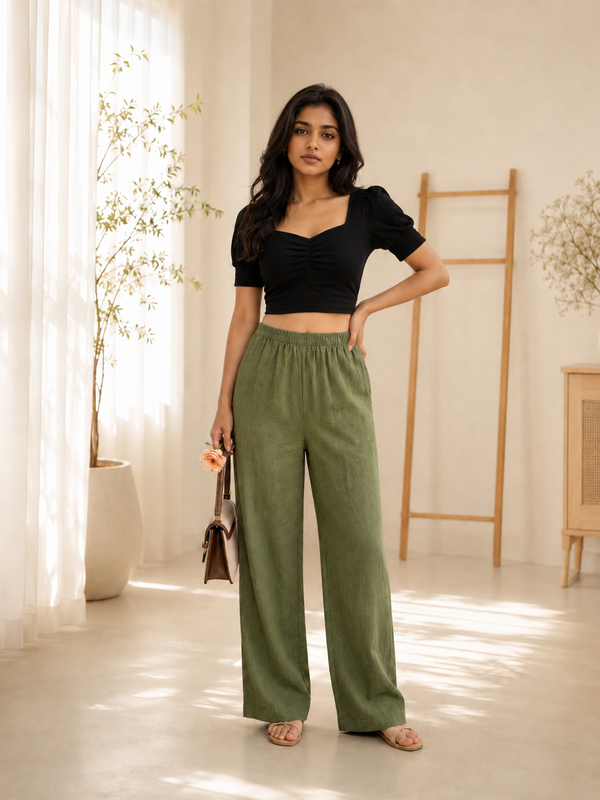 Istyle Can Women's Cotton Linen Wide-Leg Trousers - Elastic Waist, 2 Pockets