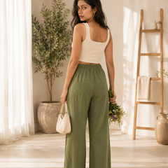 Istyle Can Women's Cotton Linen Wide-Leg Trousers - Elastic Waist, 2 Pockets