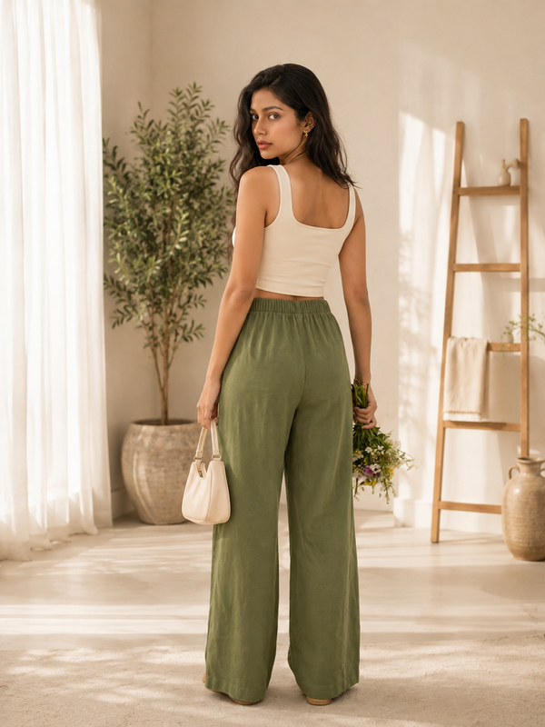 Istyle Can Women's Cotton Linen Wide-Leg Trousers - Elastic Waist, 2 Pockets