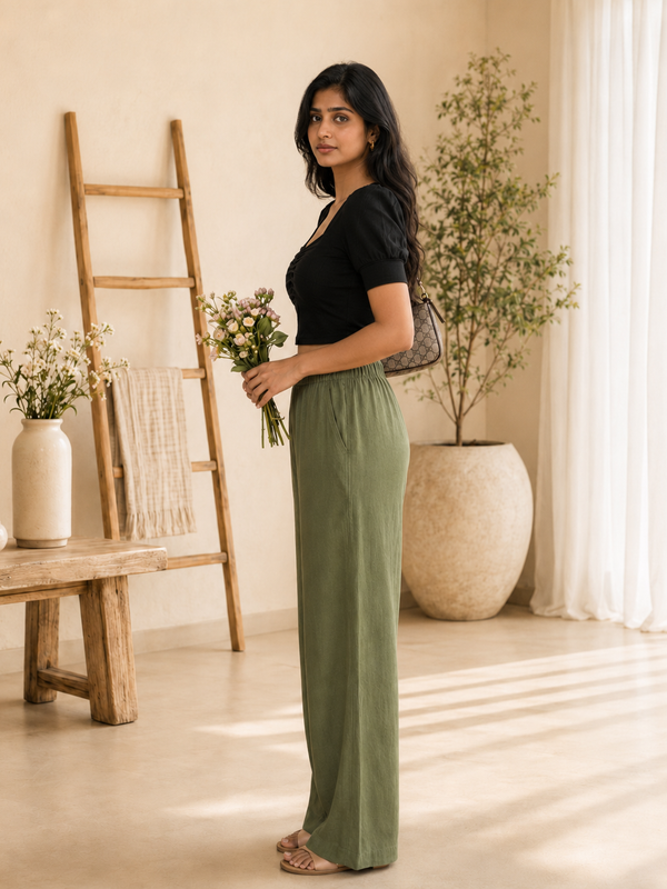 Istyle Can Women's Cotton Linen Wide-Leg Trousers - Elastic Waist, 2 Pockets
