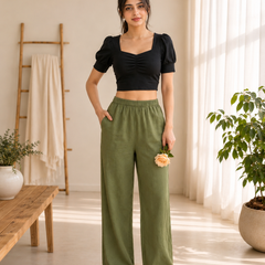 Istyle Can Women's Cotton Linen Wide-Leg Trousers - Elastic Waist, 2 Pockets