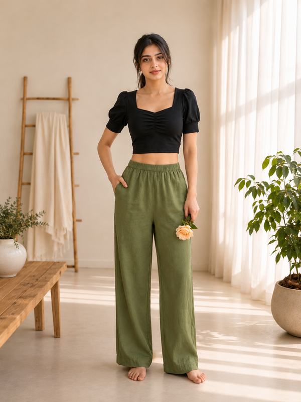 Istyle Can Women's Cotton Linen Wide-Leg Trousers - Elastic Waist, 2 Pockets