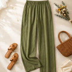 Istyle Can Women's Cotton Linen Wide-Leg Trousers - Elastic Waist, 2 Pockets