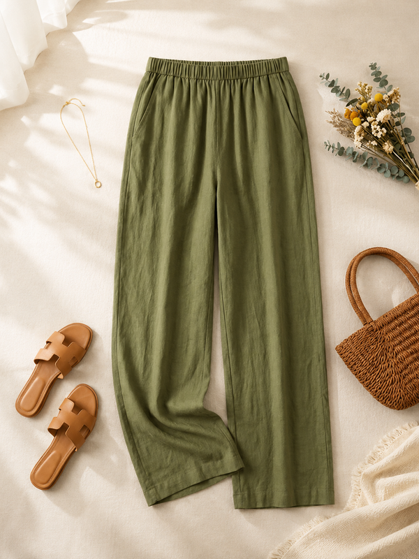 Istyle Can Women's Cotton Linen Wide-Leg Trousers - Elastic Waist, 2 Pockets