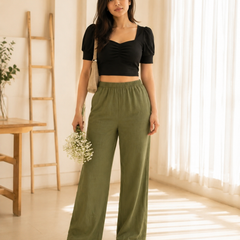 Istyle Can Women's Cotton Linen Wide-Leg Trousers - Elastic Waist, 2 Pockets