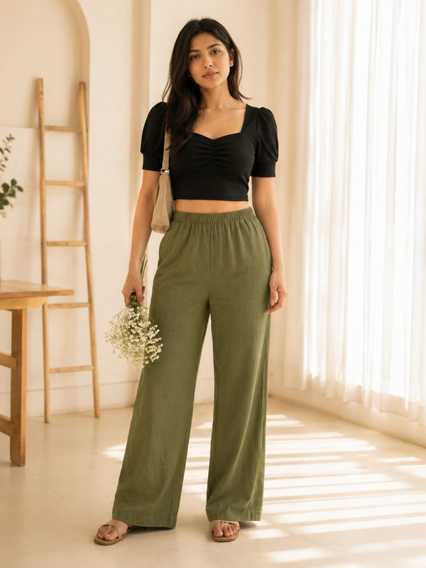 Istyle Can Women's Cotton Linen Wide-Leg Trousers - Elastic Waist, 2 Pockets