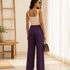Istyle Can Women's Cotton Linen Wide-Leg Trousers - Elastic Waist, 2 Pockets