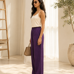 Istyle Can Women's Cotton Linen Wide-Leg Trousers - Elastic Waist, 2 Pockets