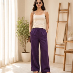 Istyle Can Women's Cotton Linen Wide-Leg Trousers - Elastic Waist, 2 Pockets