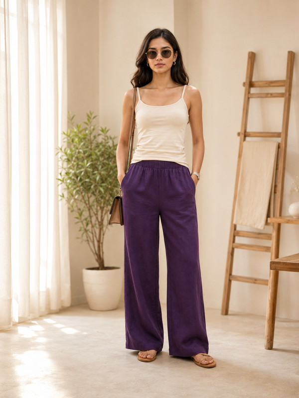 Istyle Can Women's Cotton Linen Wide-Leg Trousers - Elastic Waist, 2 Pockets