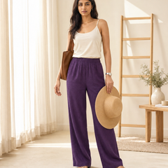 Istyle Can Women's Cotton Linen Wide-Leg Trousers - Elastic Waist, 2 Pockets