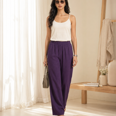 Istyle Can Women's Cotton Linen Wide-Leg Trousers - Elastic Waist, 2 Pockets
