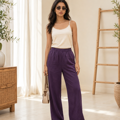 Istyle Can Women's Cotton Linen Wide-Leg Trousers - Elastic Waist, 2 Pockets