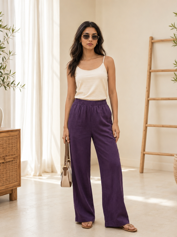 Istyle Can Women's Cotton Linen Wide-Leg Trousers - Elastic Waist, 2 Pockets