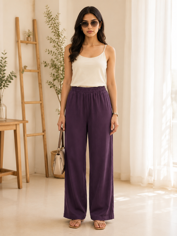 Istyle Can Women's Cotton Linen Wide-Leg Trousers - Elastic Waist, 2 Pockets