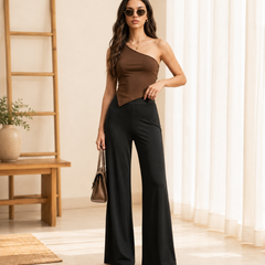 Istyle Can Women's Mid-Rise Wide-Leg Stretch Trousers - 4 Way Lycra, Pull-On Elastic Waist