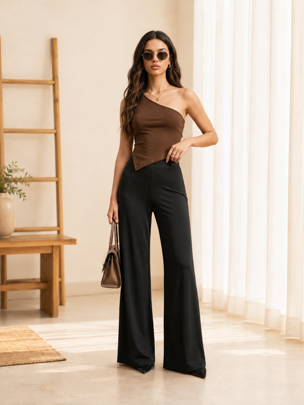 Istyle Can Women's Mid-Rise Wide-Leg Stretch Trousers - 4 Way Lycra, Pull-On Elastic Waist