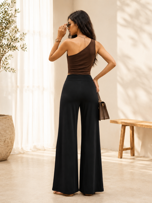 Istyle Can Women's Mid-Rise Wide-Leg Stretch Trousers - 4 Way Lycra, Pull-On Elastic Waist