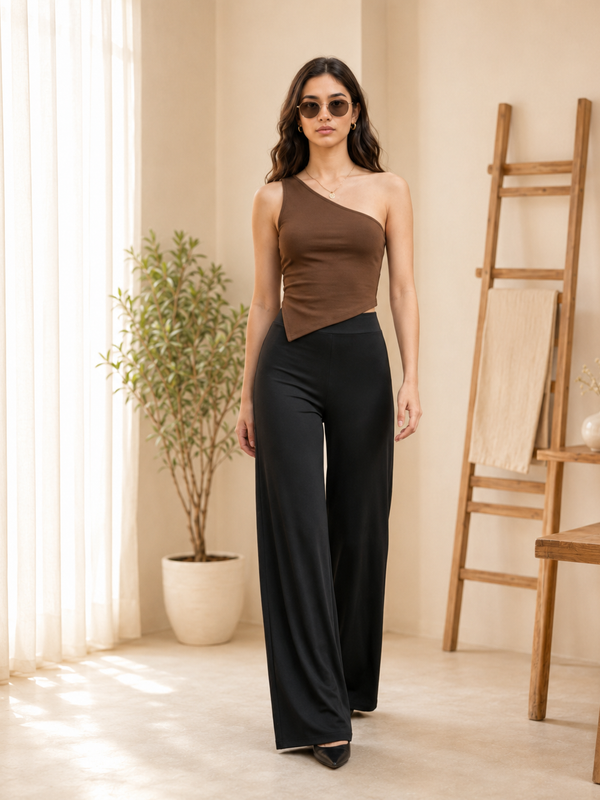 Istyle Can Women's Mid-Rise Wide-Leg Stretch Trousers - 4 Way Lycra, Pull-On Elastic Waist