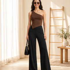 Istyle Can Women's Mid-Rise Wide-Leg Stretch Trousers - 4 Way Lycra, Pull-On Elastic Waist
