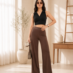 Istyle Can Women's Mid-Rise Wide-Leg Stretch Trousers - 4 Way Lycra, Pull-On Elastic Waist