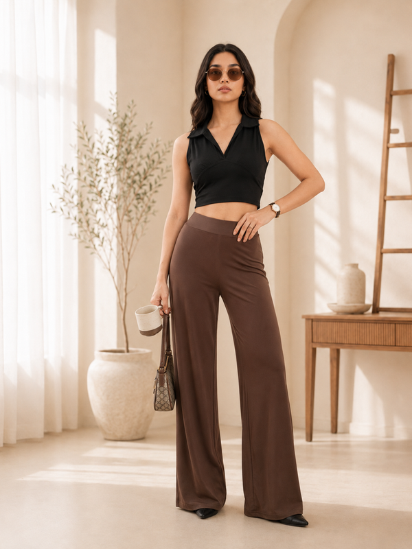 Istyle Can Women's Mid-Rise Wide-Leg Stretch Trousers - 4 Way Lycra, Pull-On Elastic Waist