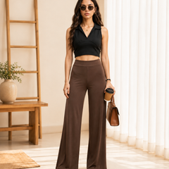 Istyle Can Women's Mid-Rise Wide-Leg Stretch Trousers - 4 Way Lycra, Pull-On Elastic Waist
