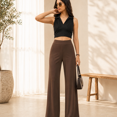 Istyle Can Women's Mid-Rise Wide-Leg Stretch Trousers - 4 Way Lycra, Pull-On Elastic Waist