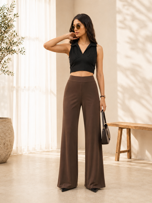 Istyle Can Women's Mid-Rise Wide-Leg Stretch Trousers - 4 Way Lycra, Pull-On Elastic Waist