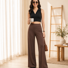 Istyle Can Women's Mid-Rise Wide-Leg Stretch Trousers - 4 Way Lycra, Pull-On Elastic Waist