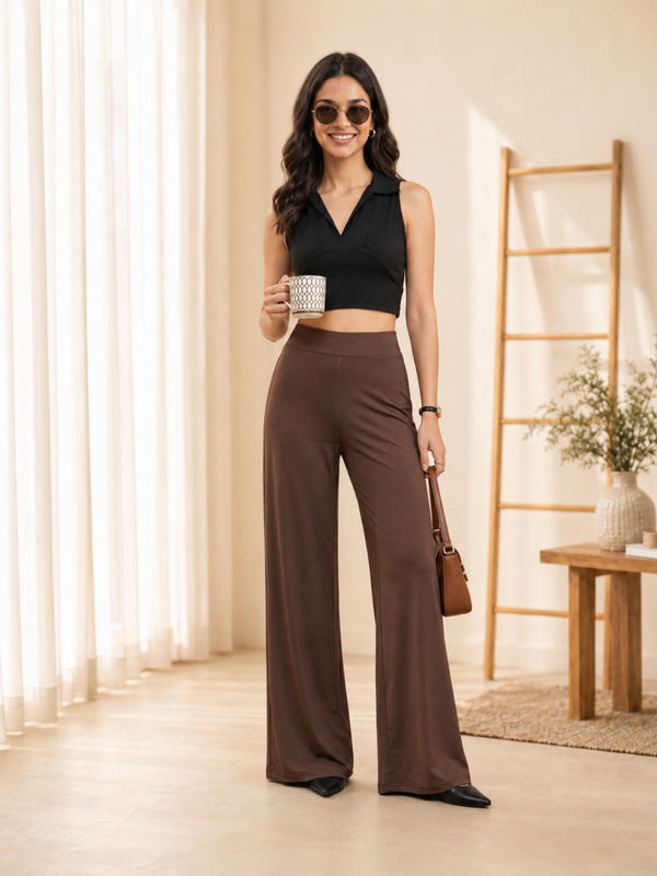 Istyle Can Women's Mid-Rise Wide-Leg Stretch Trousers - 4 Way Lycra, Pull-On Elastic Waist