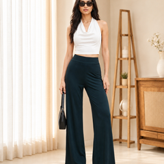Istyle Can Women's Mid-Rise Wide-Leg Stretch Trousers - 4 Way Lycra, Pull-On Elastic Waist